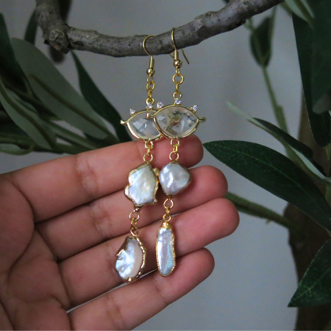 Seraphine- Keshi and Biwa Pearl & Quartz Earrings