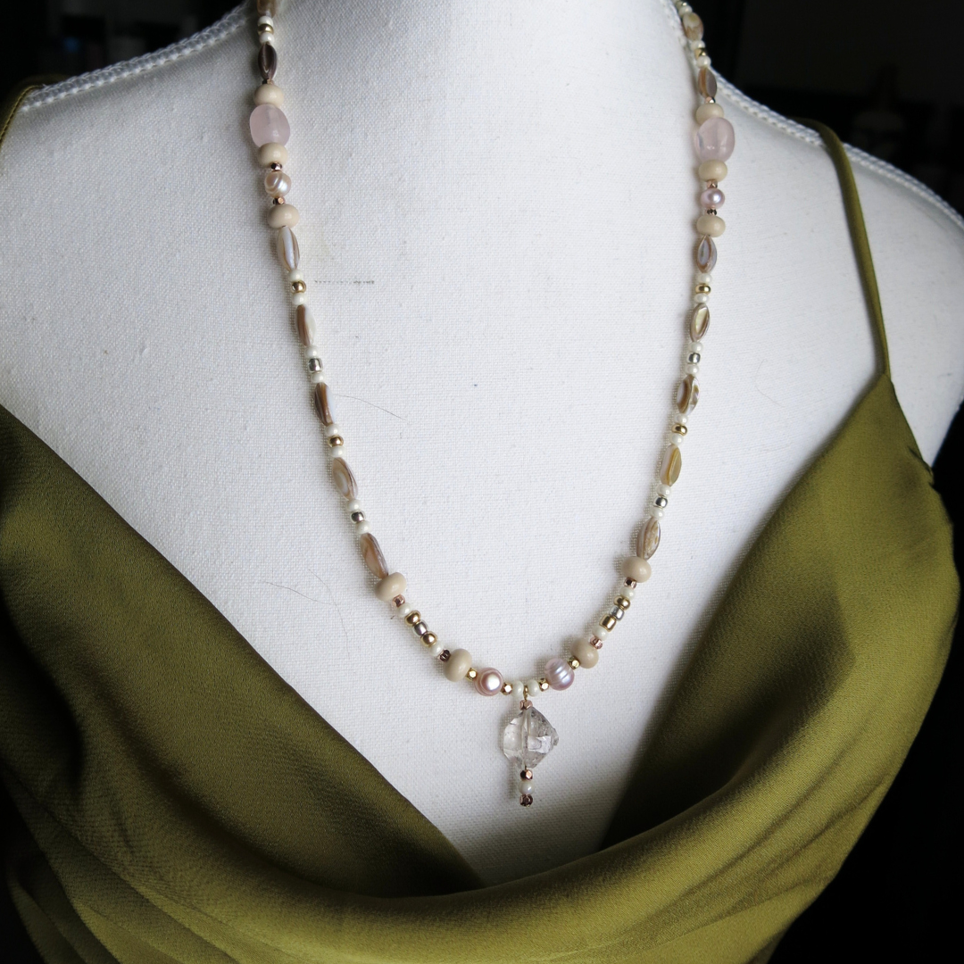 Siren's Song- Rose Quartz, Mother of Pearl, Payson Diamond Necklace