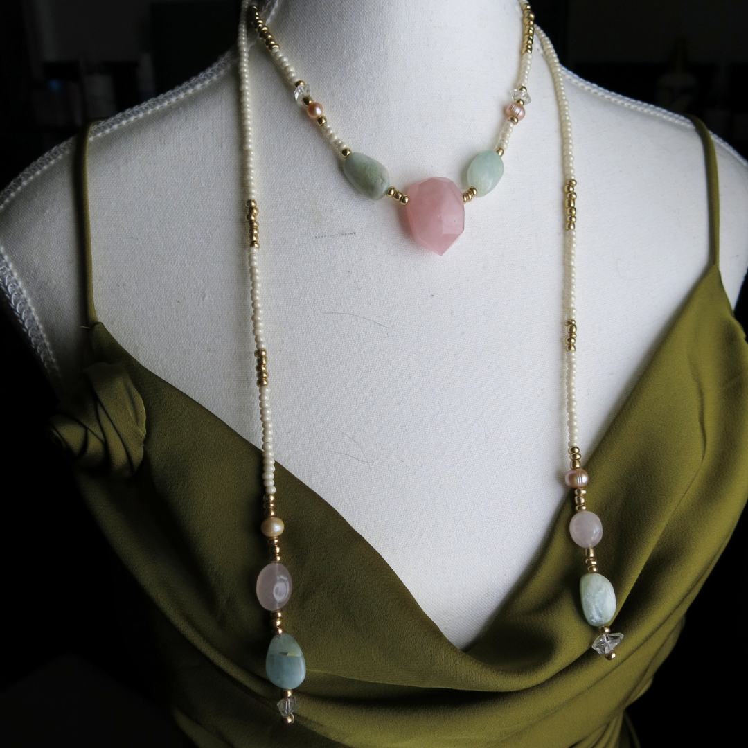 I am LOVE- Rose Quartz and Aquamarine Sevayya Wrap Necklace
