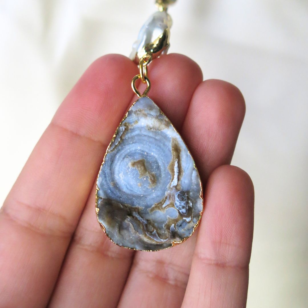Celestial Tide- Sparkling Druzy and Keshi Pearl Necklace