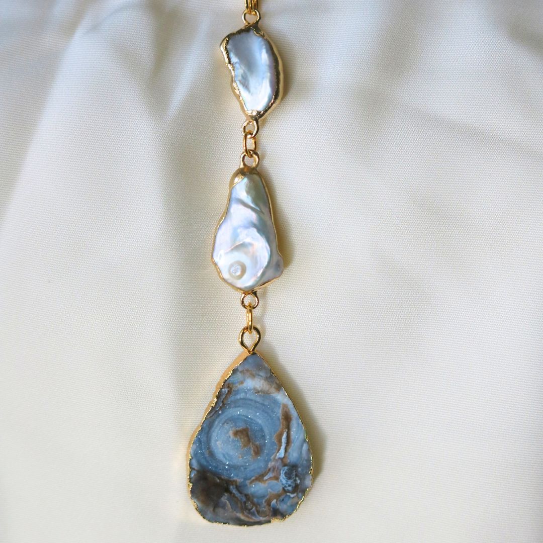 Celestial Tide- Sparkling Druzy and Keshi Pearl Necklace