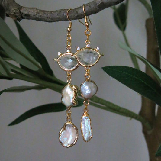 Seraphine- Keshi and Biwa Pearl & Quartz Earrings