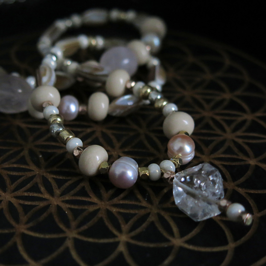 Siren's Song- Rose Quartz, Mother of Pearl, Payson Diamond Necklace