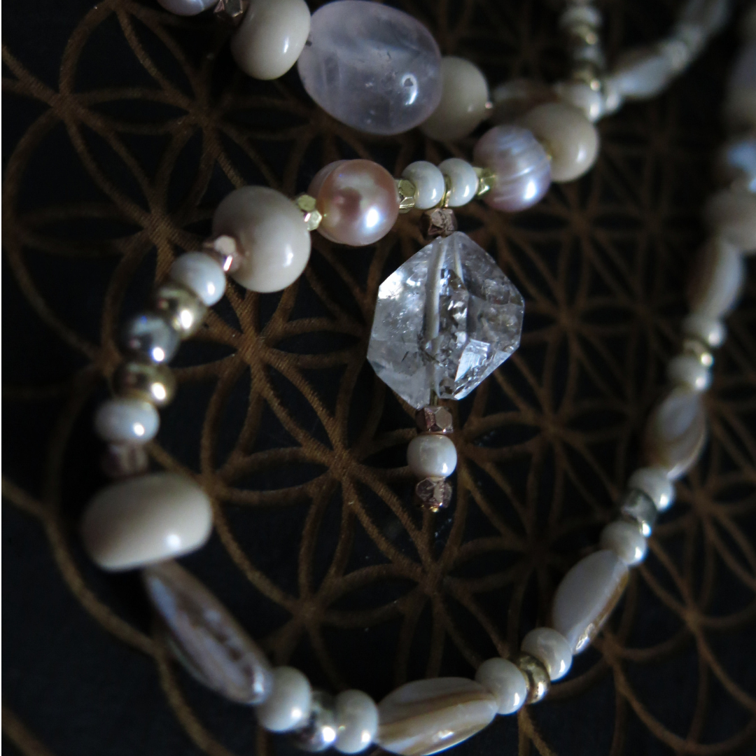 Siren's Song- Rose Quartz, Mother of Pearl, Payson Diamond Necklace