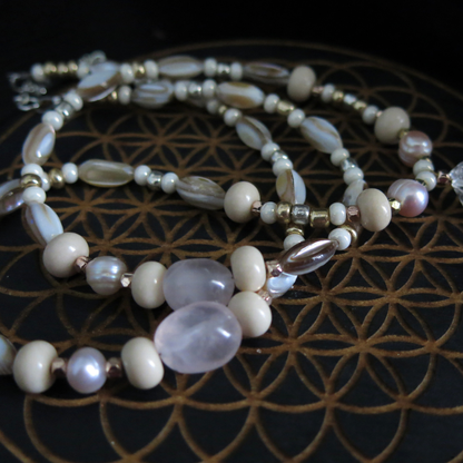 Siren's Song- Rose Quartz, Mother of Pearl, Payson Diamond Necklace