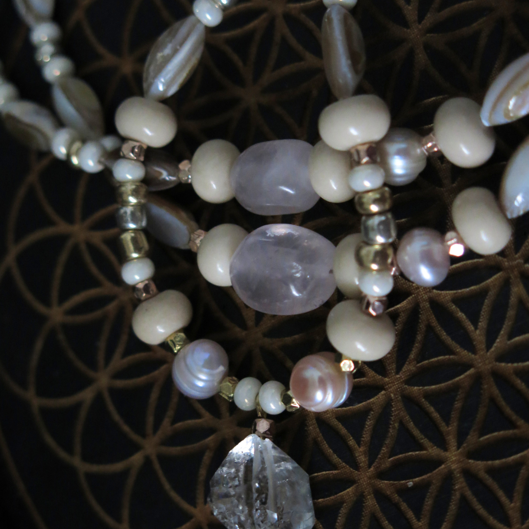 Siren's Song- Rose Quartz, Mother of Pearl, Payson Diamond Necklace