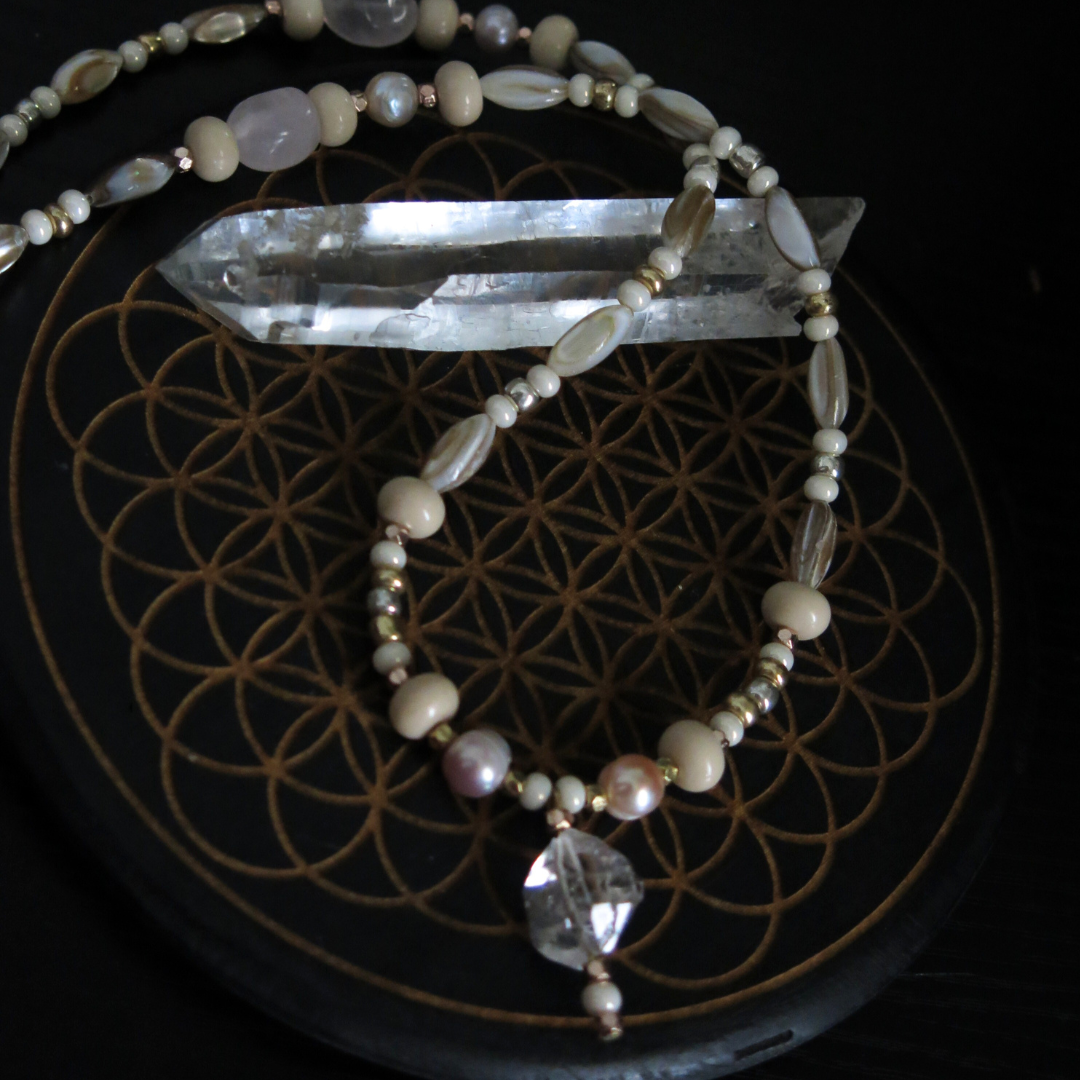 Siren's Song- Rose Quartz, Mother of Pearl, Payson Diamond Necklace