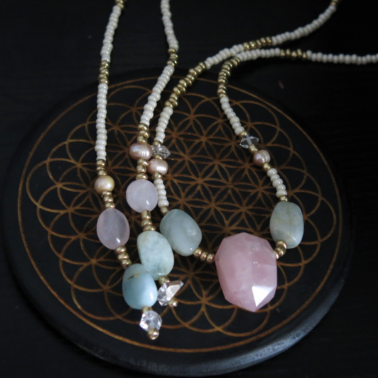 I am LOVE- Rose Quartz and Aquamarine Sevayya Wrap Necklace