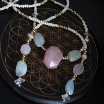 I am LOVE- Rose Quartz and Aquamarine Sevayya Wrap Necklace