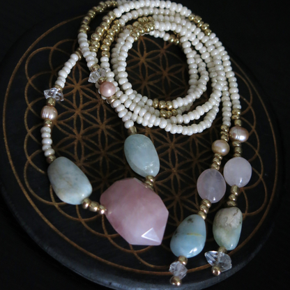 I am LOVE- Rose Quartz and Aquamarine Sevayya Wrap Necklace