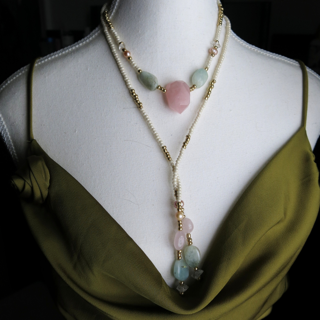 I am LOVE- Rose Quartz and Aquamarine Sevayya Wrap Necklace