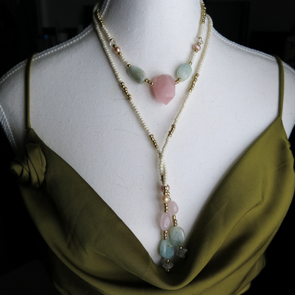I am LOVE- Rose Quartz and Aquamarine Sevayya Wrap Necklace