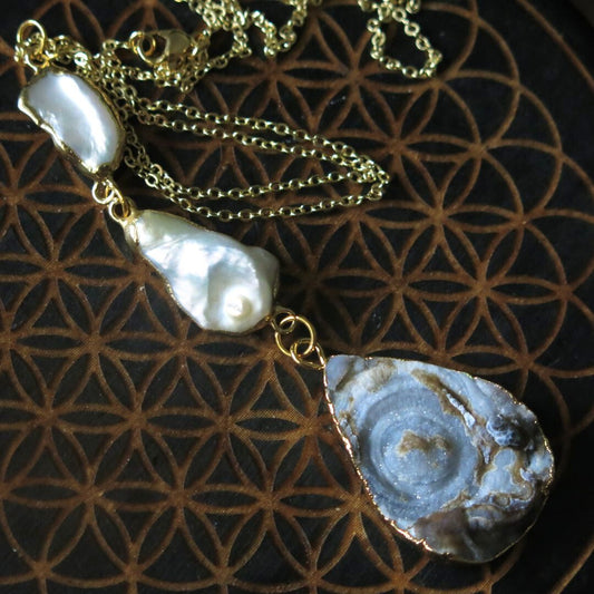 Celestial Tide- Sparkling Druzy and Keshi Pearl Necklace