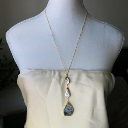 Celestial Tide- Sparkling Druzy and Keshi Pearl Necklace