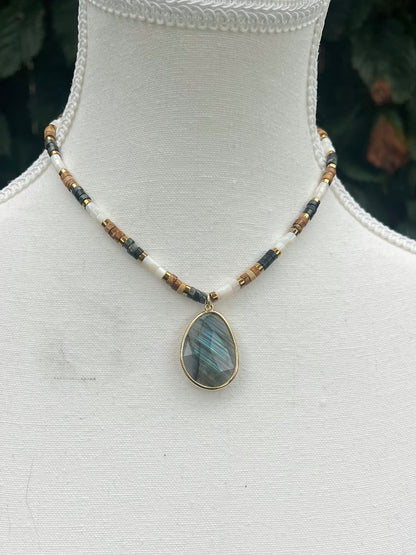 RAINY DAY FLASH SALE- Elemental- Labradorite, Stone, and Shell Necklace